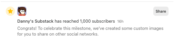 A notification from Substack celebrates "Danny's Substack" reaching 1,000 subscribers, offering custom images to share on social networks. This milestone coincides with Danny's announcement about the sponsors, partners, and venue being confirmed for his "#stockperps Substack book club" during TOKEN 2049, highlighting the growing engagement of his community.