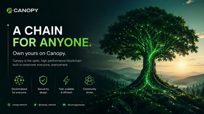An advertisement for 'CANOPY' blockchain with the headline 'A CHAIN FOR ANYONE. Own yours on Canopy.', featuring a glowing green tree against a mountain landscape and icons highlighting features like decentralization and scalability.