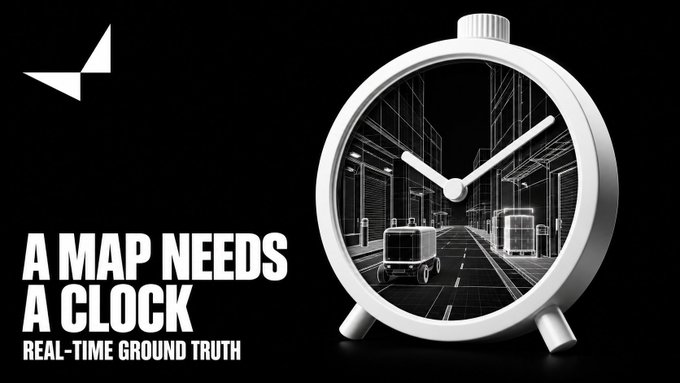 A promotional image featuring a 3D-rendered white alarm clock showing a street scene inside, with the text 'A MAP NEEDS A CLOCK' and 'REAL-TIME GROUND TRUTH'.