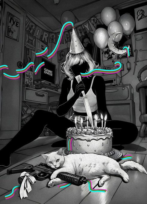 A black-and-white illustration of a figure with dark hair wearing a party hat, holding a knife over a birthday cake with candles, while sitting next to a white cat with a gun, set in a decorated room with balloons and party streamers.