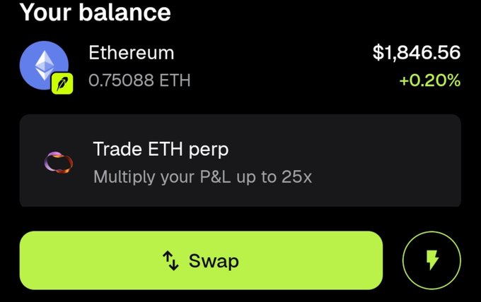 A crypto wallet balance screen displays 0.75088 ETH valued at $1,846.56 (+0.20%), alongside a "Swap" button and a "Trade ETH perp" option offering up to 25x leverage. The image humorously illustrates the "$6 to $1.8k" boast by showing an actual crypto balance of approximately $1,846.56, suggesting the meme-touting trader should swap their gains before market volatility catches up.