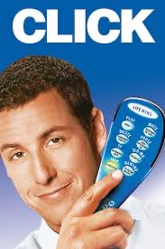 An advertisement image showing a smiling man holding up a blue multi-button remote control device, with the word 'CLICK' displayed in large white text on a blue background.