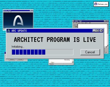 A retro Windows-style dialog box on a blue background displaying 'ARC UPDATE' with 'ARCHITECT PROGRAM IS LIVE' and 'Initializing...' progress bar with a Cancel button.