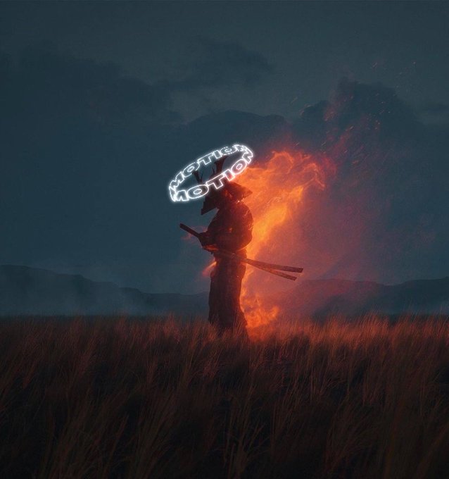 A samurai stands in a field at dusk surrounded by flames, with a neon sign above their head reading 'NOTHING'S NOTION'.
