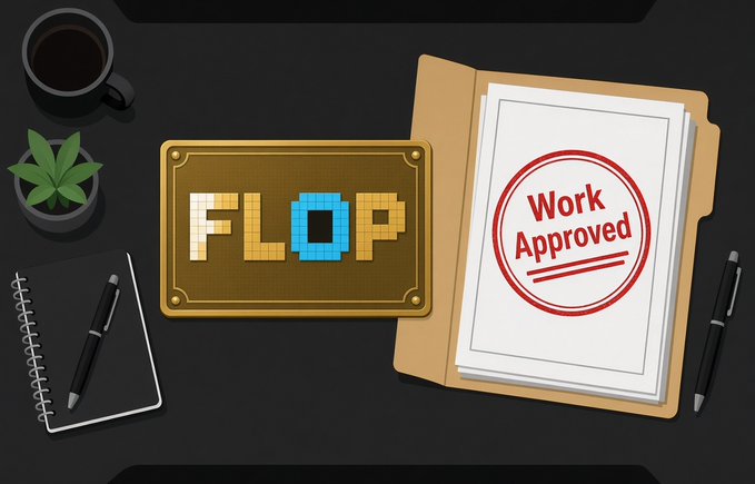 An illustrated desk scene featuring a pixelated 'FLOP' sign, a folder containing a 'Work Approved' stamp, a notebook, coffee, and a pen.