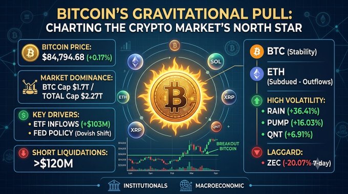 An infographic titled 'BITCOIN'S GRAVITATIONAL PULL: CHARTING THE CRYPTO MARKET'S NORTH STAR' displays the BTC price at $84,794.68 (+0.17%), market dominance, key drivers, short liquidations over $120M, and highlights for ETH, RAIN, PUMP, QNT, and ZEC.