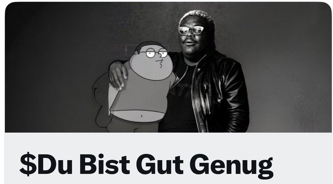 The image features a poster that reads "$GutGenug", which translates to "German Grammarly" according to Google Translate. It's promoting an English-language course with German subtitles and a logo for a website called "SOL. Still relatively under the radar, but the project has been showing steady signs of growth". The poster also states that trading activity is increasing, liquidity appears healthy, and the chart is beginning to attract attention from more traders.
