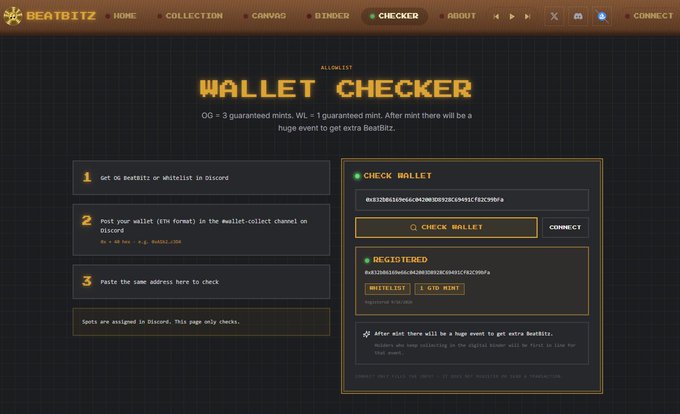 The BeatBitz 'WALLET CHECKER' interface showing a 3-step guide for verifying OG/Whitelist status and a registered Ethereum wallet (0xE32...c9290fa) flagged as WHITELIST.