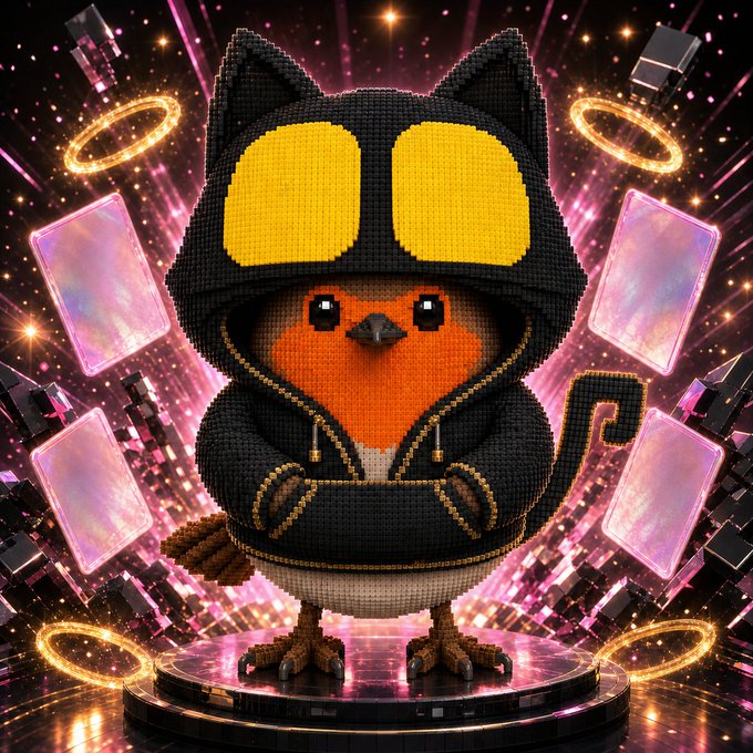 A pixelated, voxel-style bird character wearing a black hooded jacket with cat-like ears stands on a pedestal surrounded by glowing neon rings and floating digital cards against a cosmic backdrop. The image complements the post by showcasing a unique NFT artwork, with the creator offering it as a tribute to Gary Vaynerchuk (@garyvee) for inspiring creative experimentation in the NFT space.