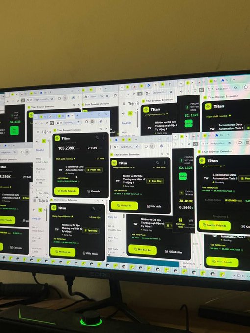 A computer monitor displaying multiple browser windows of the Titan Browser Extension interface, showing wallet balances, deposit addresses, and automation task options in Vietnamese.