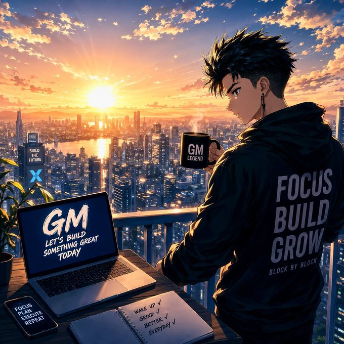 An anime-style illustration of a person in a 'FOCUS BUILD GROW BLOCK BY BLOCK' hoodie holding a 'GM LEGEND' mug, overlooking a sunrise cityscape with a laptop displaying 'GM LET'S BUILD SOMETHING GREAT TODAY' and a checklist reading 'WAKE UP, GRIND, BETTER, EVERYDAY.'