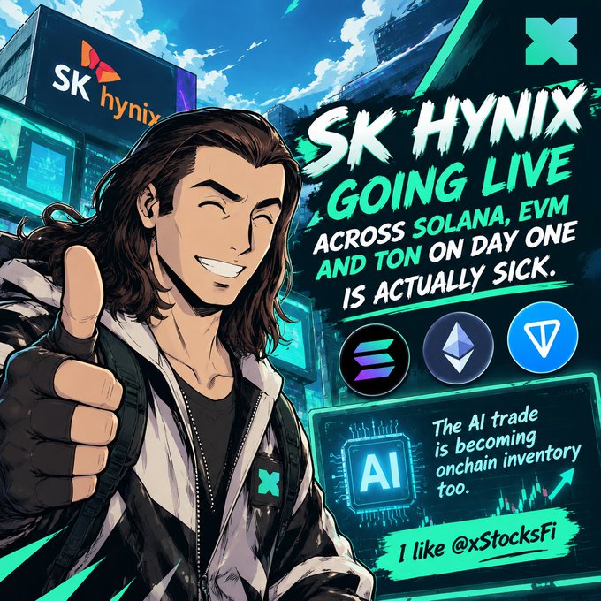 An anime-style promotional graphic for xStocksFi titled 'SK HYNIX GOING LIVE', showing a character giving a thumbs-up with logos for Solana, Ethereum, and TON, and text reading 'The AI trade is becoming onchain inventory too.'