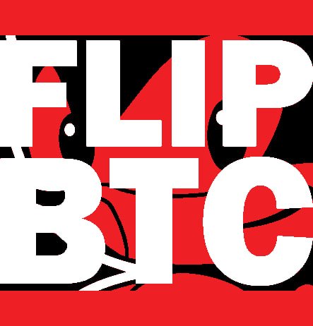 A graphic featuring large white text 'FLIP BTC' displayed on a red and black background.