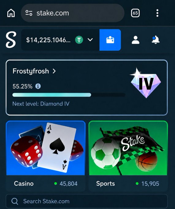 A Stake.com mobile screenshot shows a user profile "Frostyfrosh" with a balance of $14,225.1046, VIP level IV at 55.25% toward Diamond IV, alongside Casino (45,804) and Sports (15,905) tabs, fitting the post's request for users to share their Stake IDs.