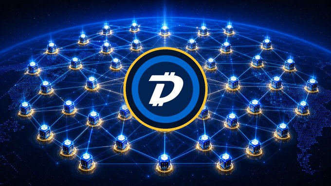 The image features a large circle with the word "DGB" written inside of it. The circle is surrounded by numerous small circles, each containing a different number or letter. These smaller circles are connected together, forming a larger network-like structure within the main circle. The background of the image is dark blue and filled with white lights that illuminate the entire scene. The caption below the image reads "Thank you to everyone showing up, running oracles, testing, and helping push DigiDollar forward."