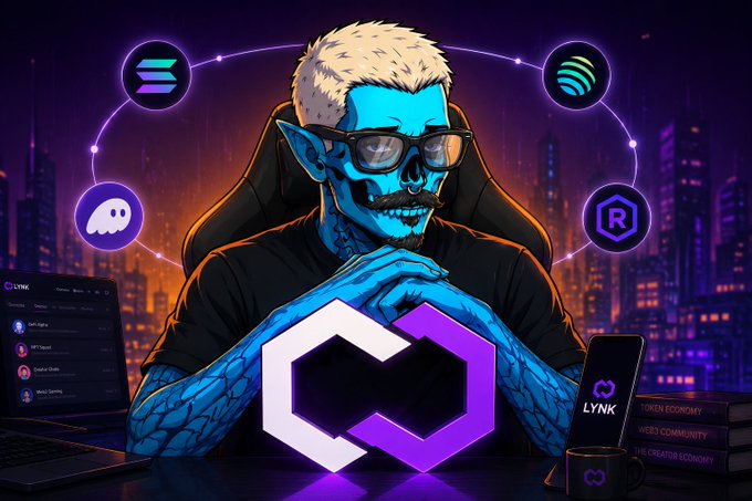 A vibrant digital illustration featuring a blue-skinned character with glasses and tattoos, surrounded by cryptocurrency and social media logos including Solana, Spotify, Discord, and Radium, with the LYNK branding displayed.