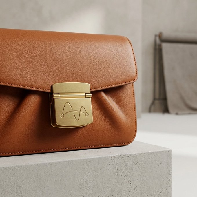 A close-up product shot of a tan/cognac leather handbag with a gold metal clasp featuring a stylized 'A' logo, resting on a concrete surface.