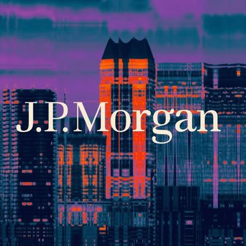 The J.P. Morgan logo overlays a dark, skyscraper-filled cityscape, visually representing the financial institution's involvement in analyzing market trends. JPMorgan analysts are reportedly concerned about Strategy's new bitcoin sale policy impacting crypto markets and potentially affecting $MSTR.