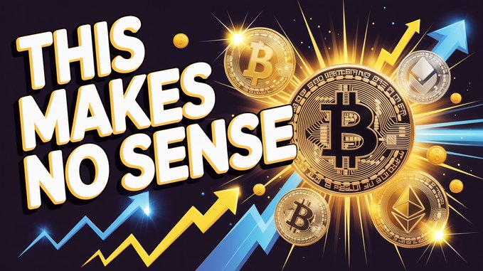 A bold thumbnail featuring the text "THIS MAKES NO SENSE" alongside glowing Bitcoin and Ethereum coins, set against a dynamic background with upward-trending arrows, capturing the essence of a video questioning cryptocurrency valuations like XRP at $35 and Bitcoin at $300,000.