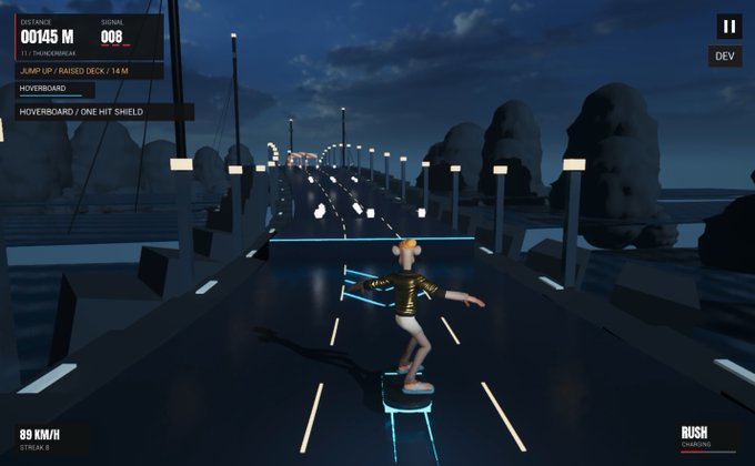 Screenshot from the video game "Rush LandRunner," featuring a character on a hoverboard on a neon-lit track, displaying a distance of 00145 M and a speed of 89 KM/H.
