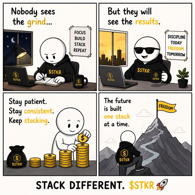 A four-panel motivational comic titled "STACK DIFFERENT. $STKR" depicting a character working late, relaxing, stacking coins, and climbing a mountain toward a "FREEDOM" flag, with text including "Nobody sees the grind...", "But they will see the results.", "Stay patient. Stay consistent. Keep stacking.", and "The future is built one stack at a time."