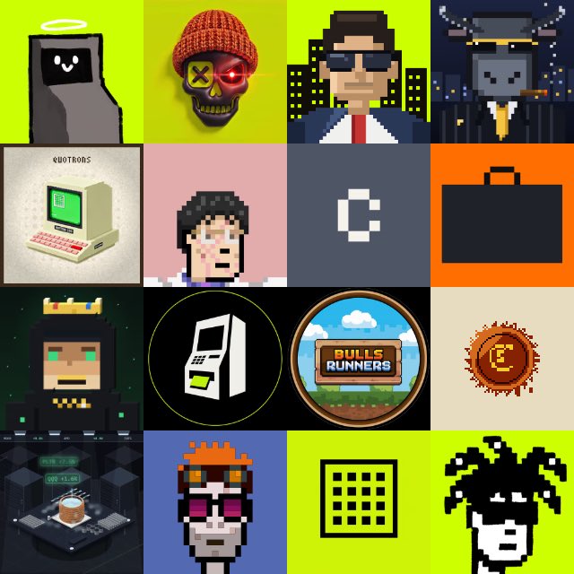 A grid of 16 pixel-art NFT avatars and icons showcasing various Robinhood crypto/NFT collections, featuring characters with visors, halos, and crowns alongside logos and references including "quotrons," "Bulls Runners," a "C" monogram, and a briefcase icon against vibrant colored backgrounds.