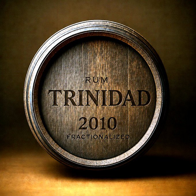 The end of a wooden rum barrel engraved with the text 'RUM TRINIDAD 2010 FRACTIONALIZED' in a warm-lit setting.