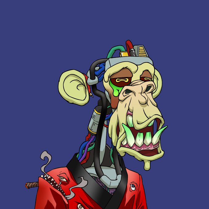 A stylized cartoon illustration of a grotesque, cybernetically enhanced ape or monkey character with exposed wires, a metal jaw implant, and sharp green teeth, set against a solid blue background.