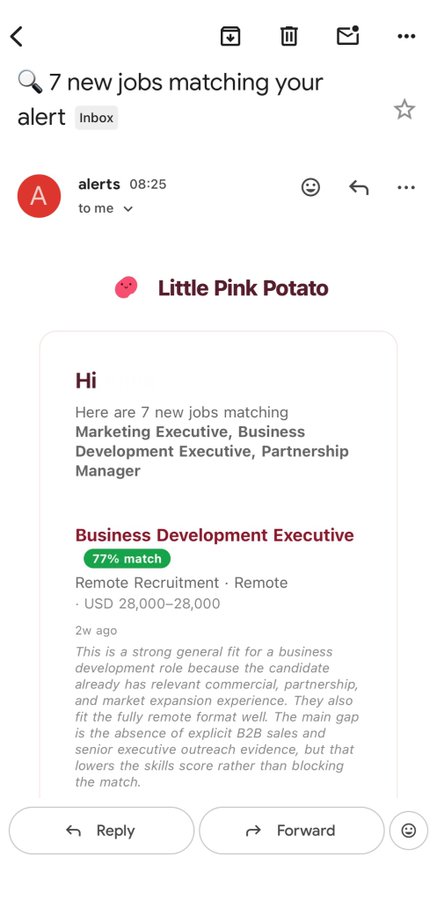 A Gmail inbox notification titled "7 new jobs matching your alert" from "Little Pink Potato" displays a job alert featuring a Business Development Executive role at Remote Recruitment with a 77% match score and a salary range of USD 28,000–28,000. The alert showcases Little Pink Potato's AI-powered job matching capabilities by providing match scores and detailed reasoning for each opportunity.