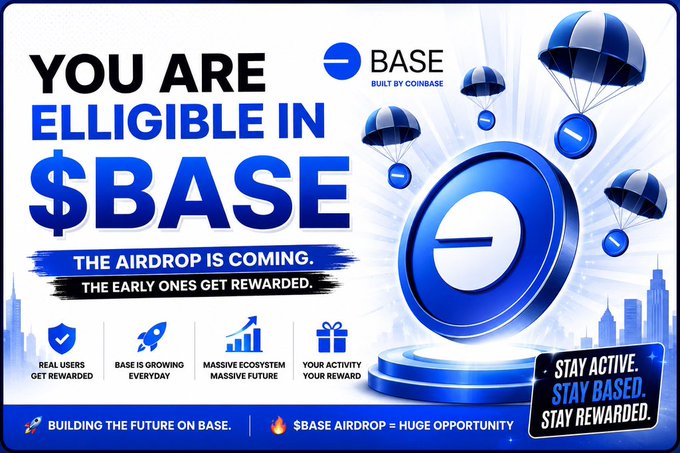 This image announces an upcoming $BASE airdrop, highlighting that early participants and active users will be rewarded as Base, built by Coinbase, continues to grow its ecosystem. The visual features the $BASE ticker prominently, along with illustrations of coins dropping via parachutes and symbols representing growth and rewards.