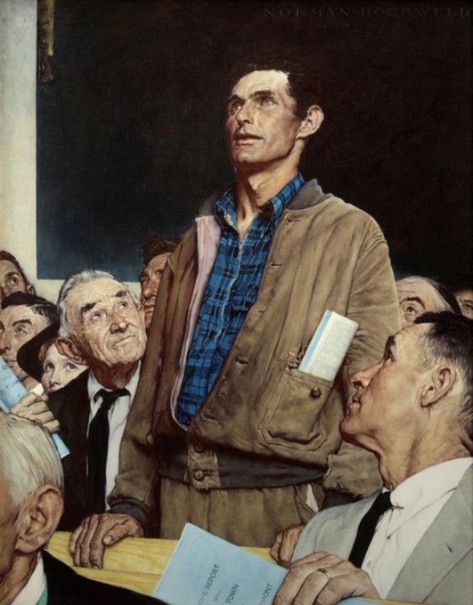 This image is Norman Rockwell's iconic painting "Freedom of Speech," depicting a young man in a plaid shirt and work jacket standing and speaking at a town meeting while holding a folded paper, surrounded by attentive listeners.

The connection to "$KAS tober" appears to be a playful riff on "Freedom of Speech," linking the theme of voicing one's opinion in a public forum (like a town meeting) to October (a common financial or social media hashtag month)—though the ticker reference seems incidental to the painting's message about civic engagement and the courage to speak up.