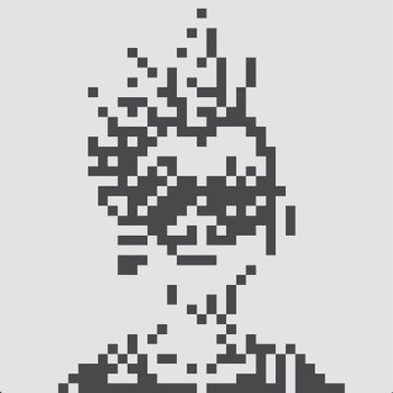 A pixel art rendering of a man's head and shoulders, where the features are only partially visible, dissolving into scattered black squares against a white background.
