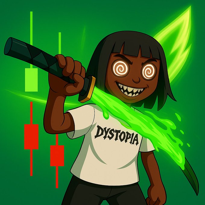 A cartoon girl with spiral-eyed, manic expression wields a katana glowing green with dripping acid-like energy against a backdrop of bullish candlesticks, with "DYSTOPIA" on her shirt—imagery that visually captures the chaotic, hyped "WE ARE SO BACK! $BTC" rally sentiment.