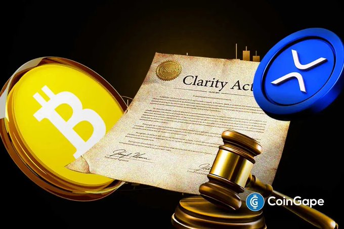 A golden Bitcoin coin, a document titled "Clarity Act," a blue XRP token, and a judge's gavel are arranged together, with the CoinGape logo in the corner—visually representing the regulatory uncertainty around the CLARITY Act's potential impact on Bitcoin, XRP, and the broader crypto market as warned by Bernstein.
