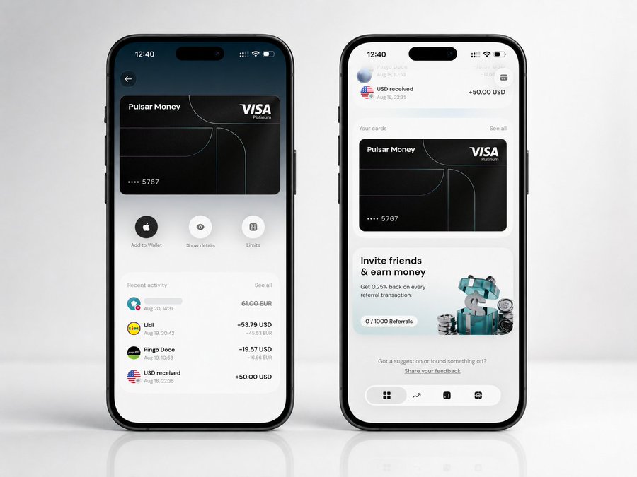 Two iPhones display the Pulsar Money app's card management interface, showing a black Visa Platinum debit card ending in 5767 alongside recent transaction activity including a +50.00 USD received payment from Diego Garcia and a 61.00 EUR charge. The right phone shows a referral program offering 0.25% back on transactions toward a 1,000 referral goal.