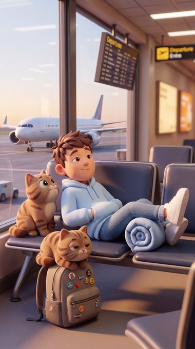 An animated illustration of a young man relaxing at an airport gate with two orange cats, one sitting next to him and another resting on a travel backpack.