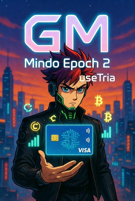 The image features a man holding a blue Visa card, which has the words "Visa" written on it. The man appears to be wearing a black jacket and is standing against a city skyline backdrop with neon lights. The caption of the image reads "GM fam! Waking up with @useTria vibes self-custodial neobank with working Visa, real yields, and full key control. No middlemen drama. Mindo Epoch 2 runs till July 15 time to stack rewards!".
