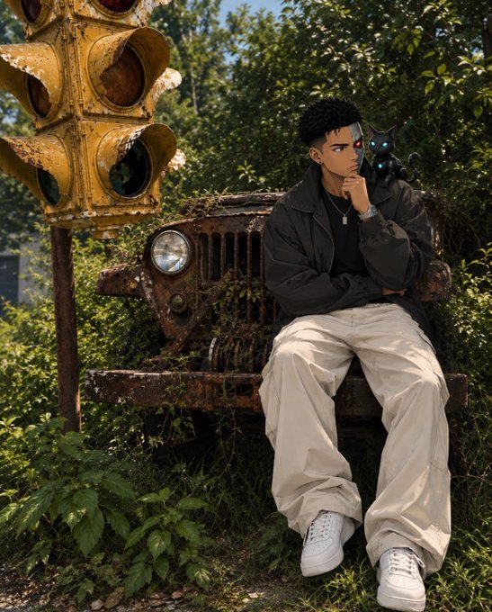 An anime-styled character with a small black cat perched on his shoulder sits thoughtfully against a rusted, vine-covered vintage Jeep beside a weathered yellow traffic light, embodying the Monday morning "gm" mood of weary determination as he faces another week.