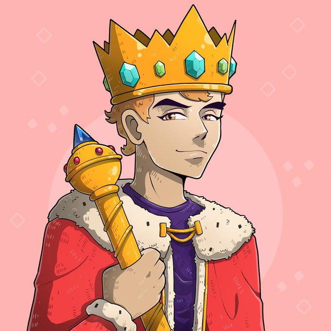 An anime-style illustration features a young king with a golden crown adorned with teal gems, holding a scepter and wearing a red cape with fur trim.