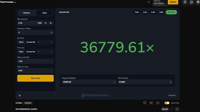 A BitFORTUNE.io gambling interface showing a Limbo game with a massive multiplier of 36779.61x, a Target Multiplier set to 10000.00, and a Win Chance of 0.0099%, with the Start Bet button visible.