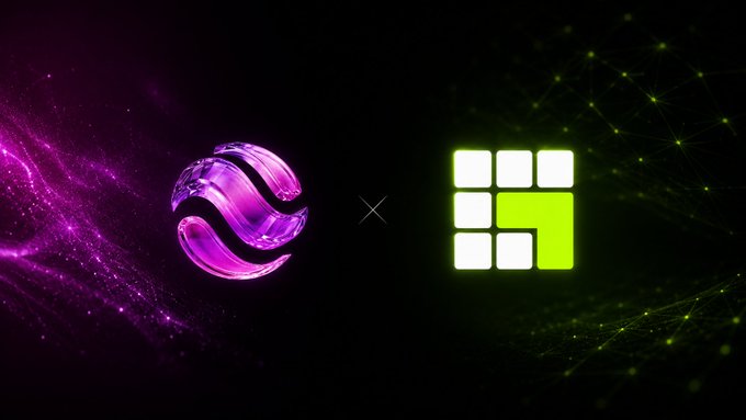 The image displays a partnership announcement featuring a stylized purple/magenta logo on the left and a glowing green grid icon (resembling a 3x3 cube/grid pattern) on the right, separated by an "×" symbol indicating collaboration. The visual represents the partnership between the two brands referenced in the post—likely involving a prediction markets/perps platform and a grid trading strategy provider—suggesting their integration to solve the 24/7 market challenge mentioned in the caption.