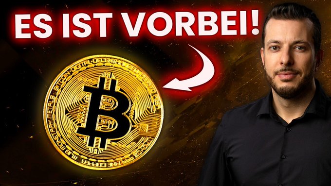 A YouTube thumbnail featuring a man in a black shirt next to a large gold Bitcoin coin, with the bold German text "ES IST VORBEI!" ("It's over!") and a red arrow pointing to the Bitcoin, promoting a live stream discussing the future of Bitcoin and shifting crypto narratives.