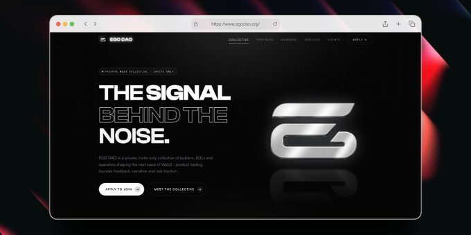 The image shows a computer screen displaying a website called "The Signal Behind The Noise." The website has a black background with white text, and there are two images present - one of a silver logo and another of a sunset. The website appears to be related to a project or idea that involves the concept of "signal" and "noise," possibly in the context of communication or information processing.