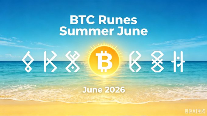 ikeb3runes summer june 2026 beach advertisement, featuring a blue sky and ocean backdrop with white text promoting Bitcoin.