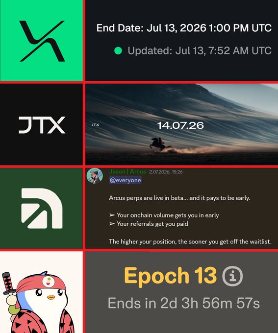 The image shows a promotional graphic for four crypto projects with countdown information: RISE (X) ending July 13, 2026 at 1:00 PM UTC, JTX (date 14.07.26), an Arcus project update from Jason explaining that "Arcus perps are live in beta," and Epoch 13 with a countdown of 2d 3h 56m 57s remaining. The graphic visually supports the "LAST CALL TO BE EARLY" message by displaying the final deadlines and current waitlist status for these potential airdrop opportunities.