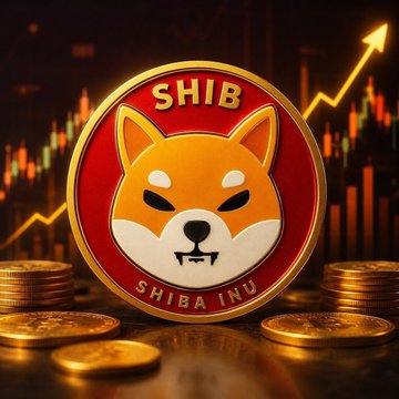 A gold and red Shiba Inu (SHIB) cryptocurrency coin is displayed prominently with the text 'SHIB' and 'SHIBA INU' visible, set against a candlestick chart background with an upward-pointing arrow indicating a price increase.