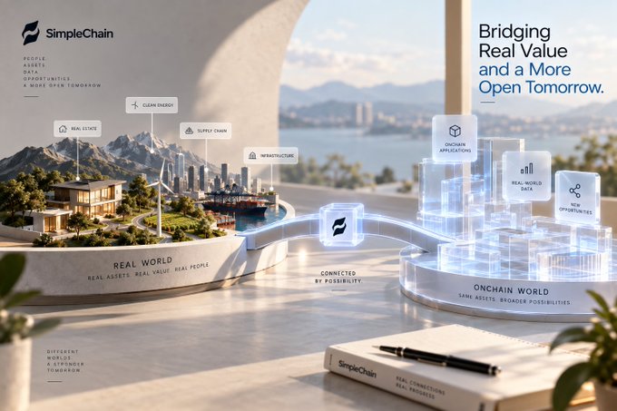 A SimpleChain promotional graphic titled 'Bridging Real Value and a More Open Tomorrow' showing a futuristic cityscape divided between the Real World and Onchain World connected by a bridge.