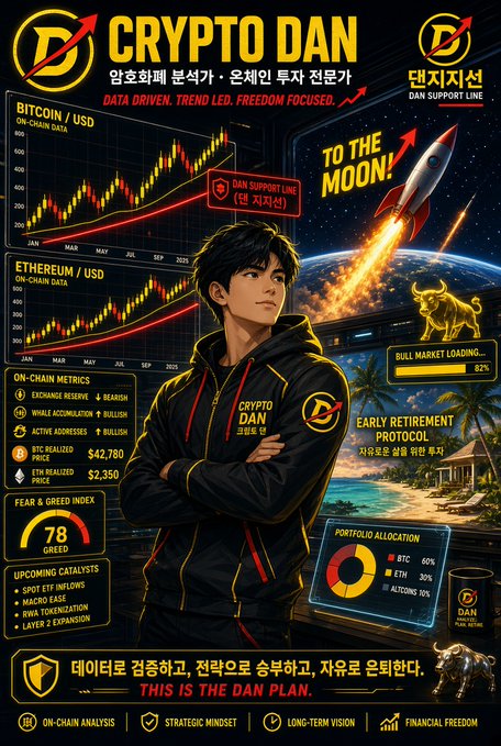 A promotional poster titled 'CRYPTO DAN' featuring an anime-style male character in a black and gold hoodie, surrounded by financial charts for 'BITCOIN/USD' and 'ETHEREUM/USD', a rocket labeled 'TO THE MOON!', a golden bull, and text reading 'DATA DRIVEN. TREND LED. FREEDOM FOCUSED.', 'DAN SUPPORT LINE', and 'EARLY RETIREMENT PROTOCOL'.