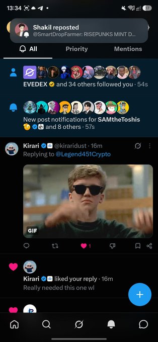 A mobile app screenshot showing social media notifications, with a reposted post by @SmartDropFarmer about RISEPUNKS MINT D..., followed mentions from EVEDEX and SAMtheToshis, and a post from Kirari (@kiraridust) with a GIF of a person in sunglasses and likes from accounts including Legend451Crypto.