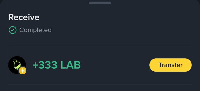 A mobile app screen displays a completed transaction to "Receive" +333 LAB tokens, with a yellow "Transfer" button.